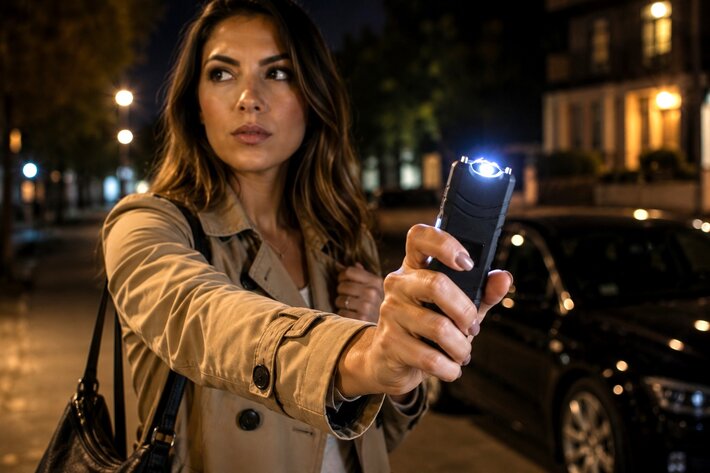 Femme tenant un taser tazer shocker avec lampe LED